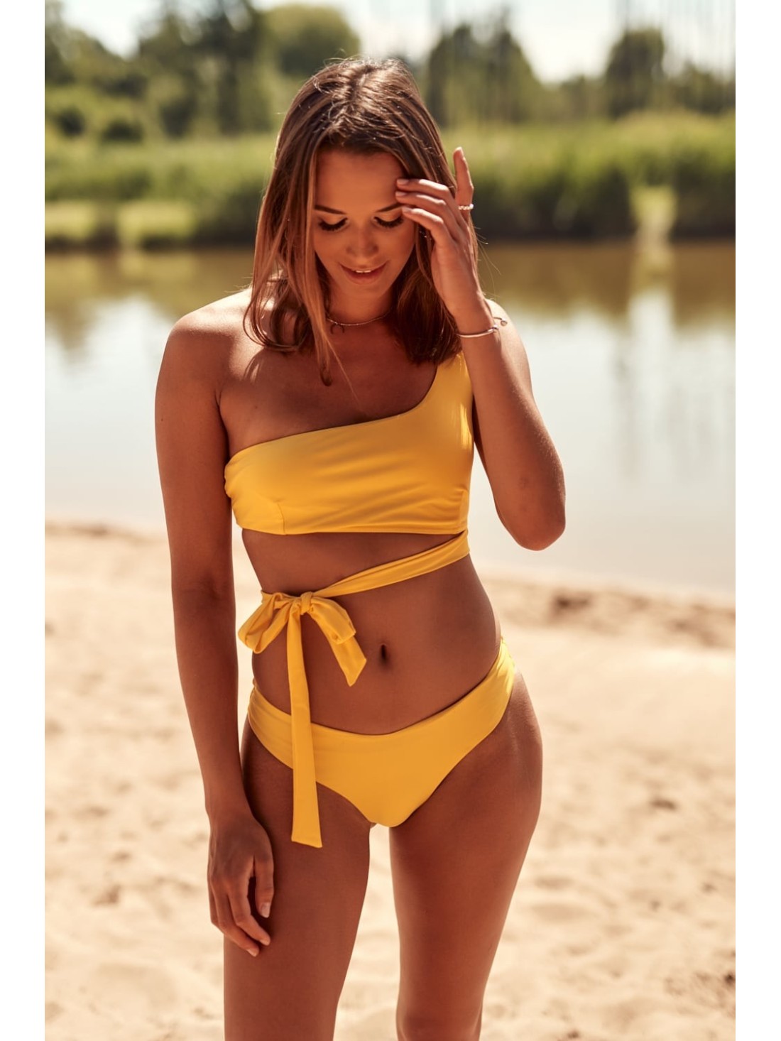 Two-piece asymmetric yellow swimsuit K17 - Online store - Boutique